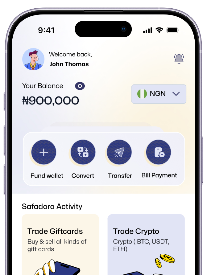 Safadora app interface showing balance and features